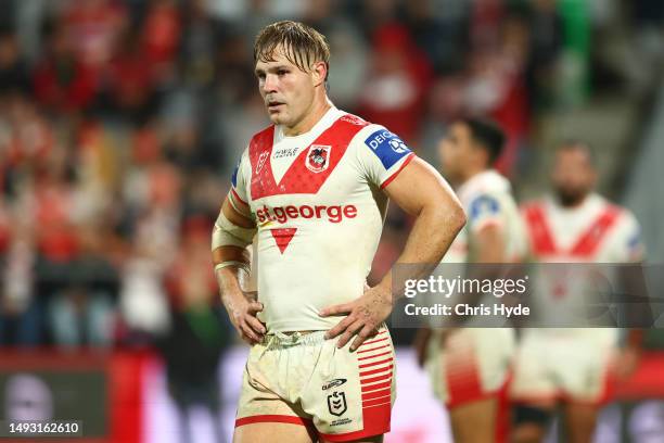 Jack De Belin of the Dragons looks on during the round 13 NRL match between the Dolphins and St George Illawarra Dragons at Moreton Daily Stadium on...