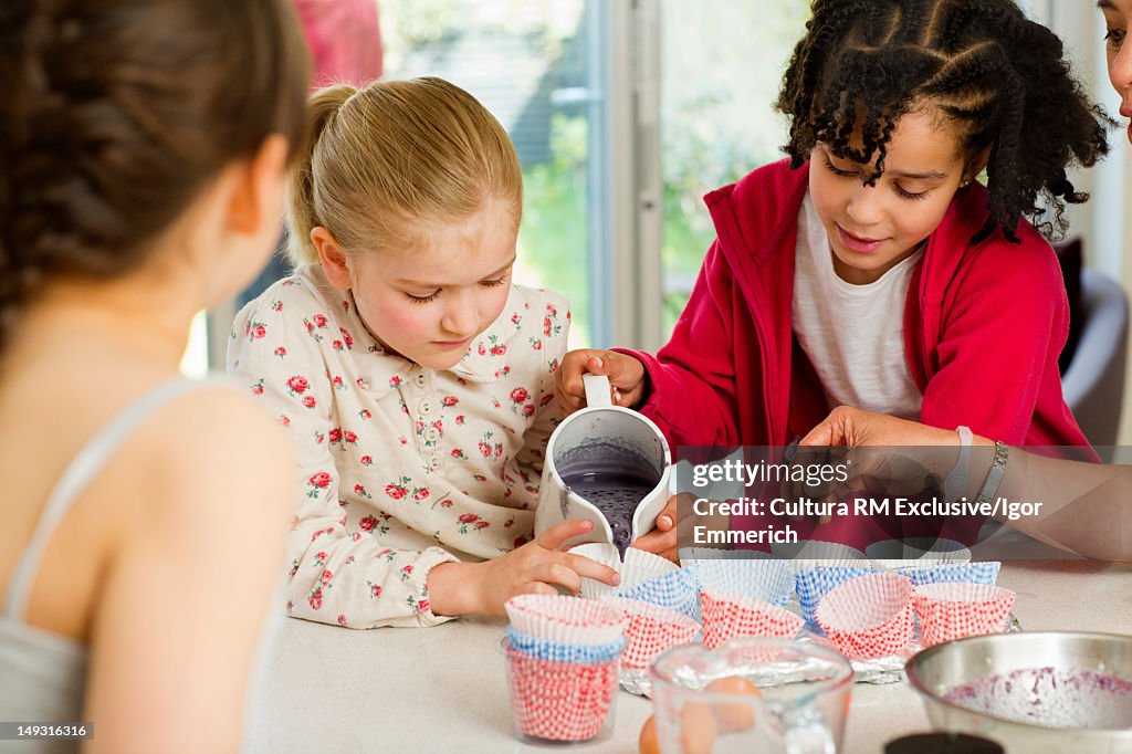 Girls baking together in kitchen