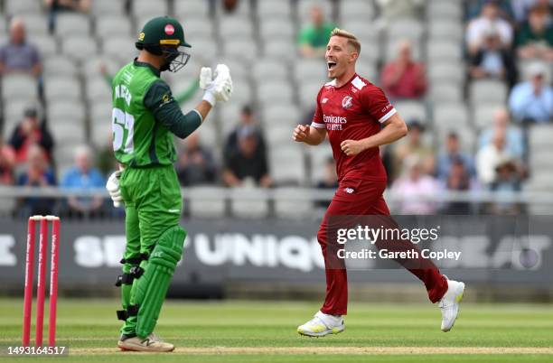 Luke Wood of Lancashire celebrates dismissing Nick Welch of Leicestershire during the Vitality T20 Blast match between Lancashire Lightning and...