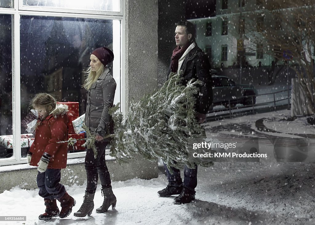 Family carrying Christmas tree in snow