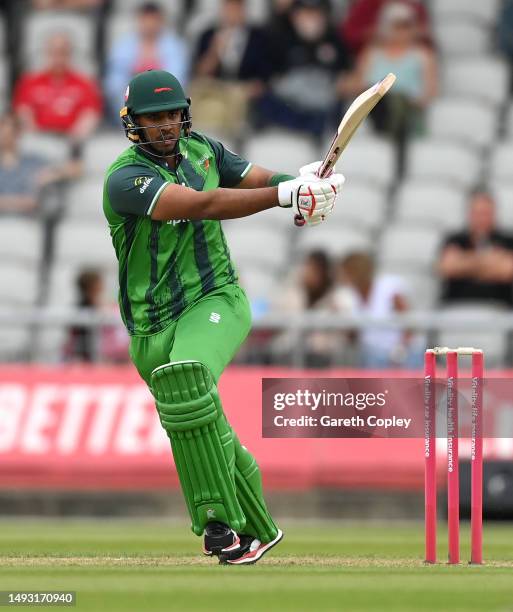 Rishi Patel of Leicestershire during the Vitality T20 Blast match between Lancashire Lightning and Leicestershire Foxes at Emirates Old Trafford on...