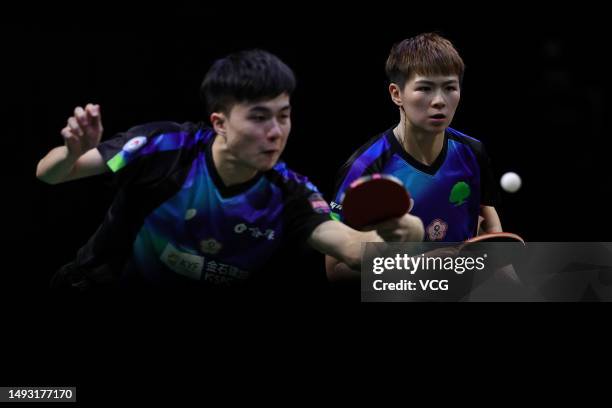 Lin Yun-ju and Chen Szu-yu of Chinese Taipei compete in the Mixed Doubles quarter-final match against Wang Chuqin and Sun Yingsha of China on day 5...