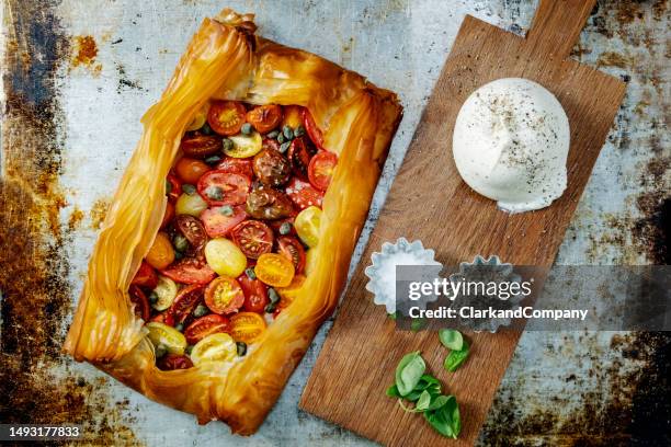burrata with filo pastry - recipe stock pictures, royalty-free photos & images