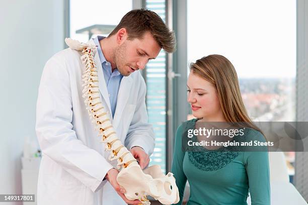 doctor showing spine model to patient - anatomisches modell stock-fotos und bilder