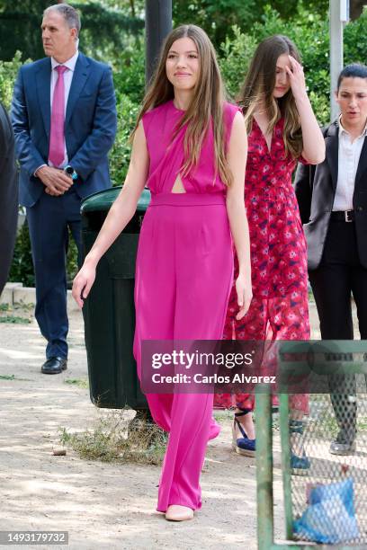 Princess Sofia of Spain arrives for her confirmation at the Asuncion de Nuestra Señora Church in the municipality of Aravaca on May 25, 2023 in...