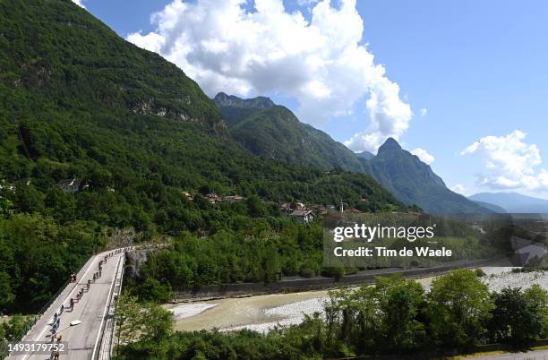 General view of the peloton passing through Castellavazzo during the 106th Giro d'Italia 2023, Stage 18 a 161km stage from Oderzo to Val di Zoldo -...