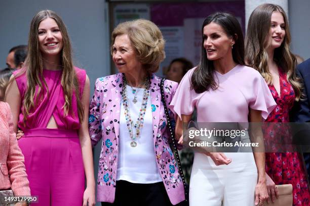 Princess Sofia, Queen Sofia, Queen Letizia of Spain and Crown Princess Leonor of Spain arrive for the confirmation of Princess Sofia of Spain at the...