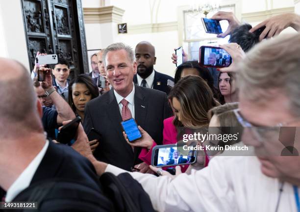 Speaker of the House Kevin McCarthy speaks to reporters as he arrives at the U.S. Capitol on May 25, 2023 in Washington, DC. McCarthy spoke on the...