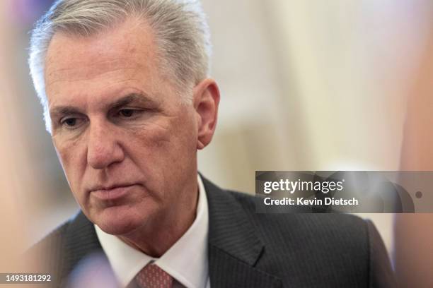 Speaker of the House Kevin McCarthy speaks to reporters as he arrives at the U.S. Capitol on May 25, 2023 in Washington, DC. McCarthy spoke on the...