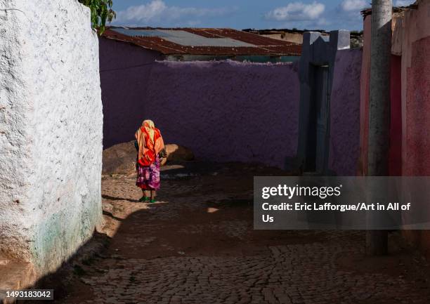 Ethiopian woman in the streets of the old town, Harari Region, Harar, Ethiopia on May 4, 2023 in Harar, Ethiopia.