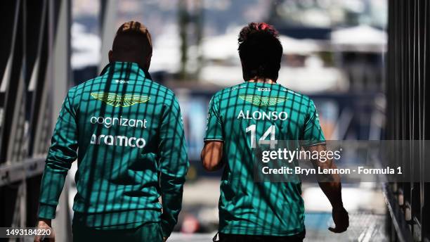 Fernando Alonso of Spain and Aston Martin F1 Team walks in the Paddock during previews ahead of the F1 Grand Prix of Monaco at Circuit de Monaco on...