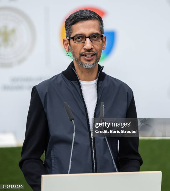 Sundar Pichai, CEO Google and Alphabet holds a speech during the Germany Women and Google Partnership event at Google office on May 25, 2023 in...