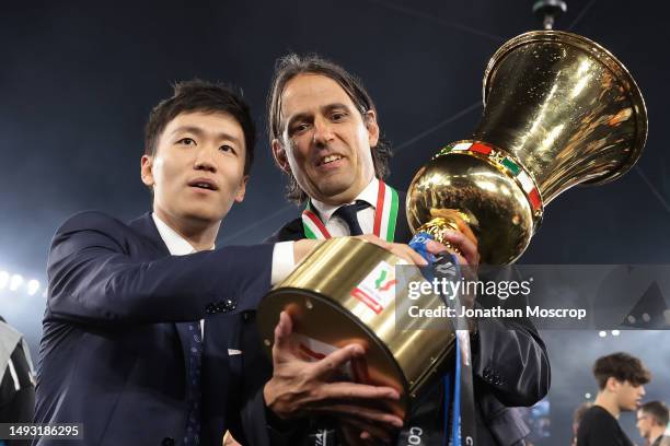 Steven Zhang Chairman of FC Internazionale and Simone Inzaghi Head coach of FC Internazionale pose with the trophy following the 2-1 victory in the...