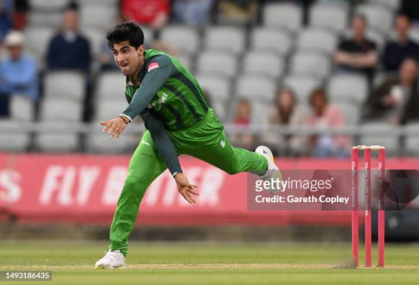Naseem Shah of Leicestershire bowls during the Vitality T20 Blast match between Lancashire Lightning and Leicestershire Foxes at Emirates Old...