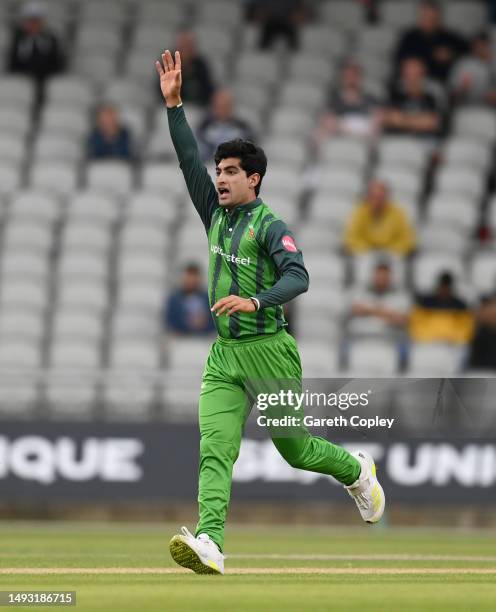 Naseem Shah of Leicestershire appears during the Vitality T20 Blast match between Lancashire Lightning and Leicestershire Foxes at Emirates Old...