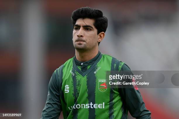 Naseem Shah of Leicestershire during the Vitality T20 Blast match between Lancashire Lightning and Leicestershire Foxes at Emirates Old Trafford on...