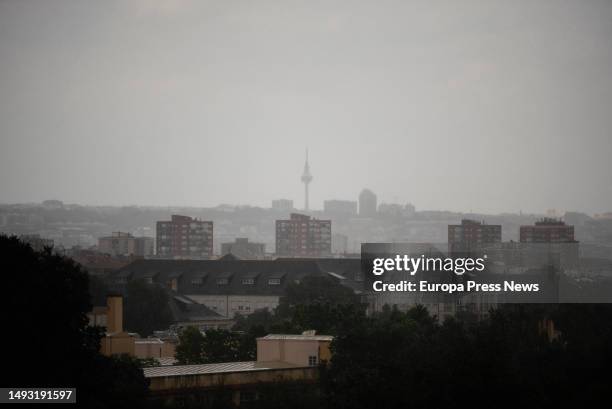 Panoramic view of Madrid under the rain, on 25 May, 2023 in Madrid, Spain. The Madrid City Council has activated the Municipal Flood Action Plan ,...