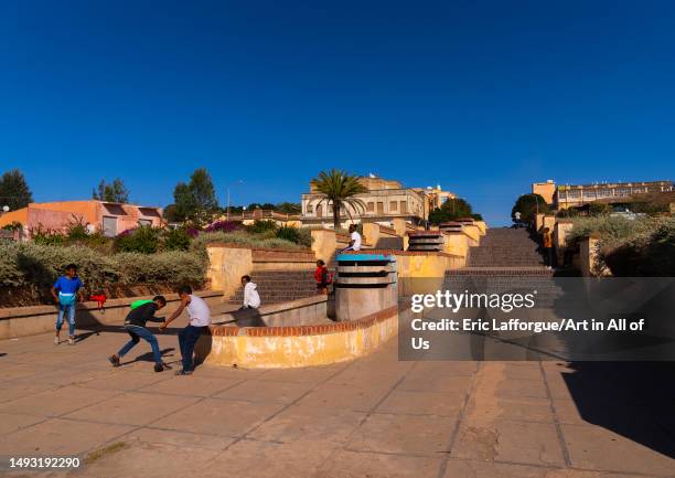 Eritrean children playing in Mai Jah Jah Fountain, Central Region, Asmara, Eritrea on May 12, 2023 in Asmara, Eritrea.