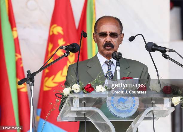 Eritrean President Isaias Afewerki delivers an address during the official 32nd Anniversary of Independence celebration at Asmara Stadium on May 24,...