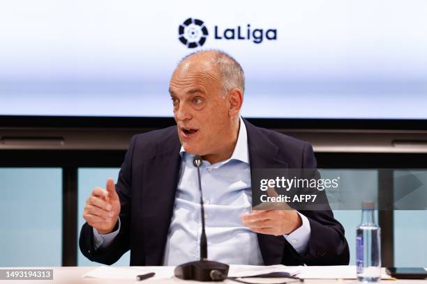 Javier Tebas, President of LaLiga, attends his press conference at headquarters of LaLiga on May 25 in Madrid, Spain.