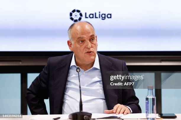 Javier Tebas, President of LaLiga, attends his press conference at headquarters of LaLiga on May 25 in Madrid, Spain.