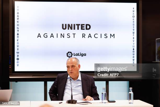 Javier Tebas, President of LaLiga, attends his press conference at headquarters of LaLiga on May 25 in Madrid, Spain.