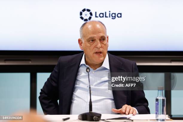 Javier Tebas, President of LaLiga, attends his press conference at headquarters of LaLiga on May 25 in Madrid, Spain.