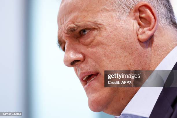 Javier Tebas, President of LaLiga, attends his press conference at headquarters of LaLiga on May 25 in Madrid, Spain.