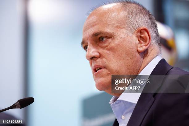 Javier Tebas, President of LaLiga, attends his press conference at headquarters of LaLiga on May 25 in Madrid, Spain.