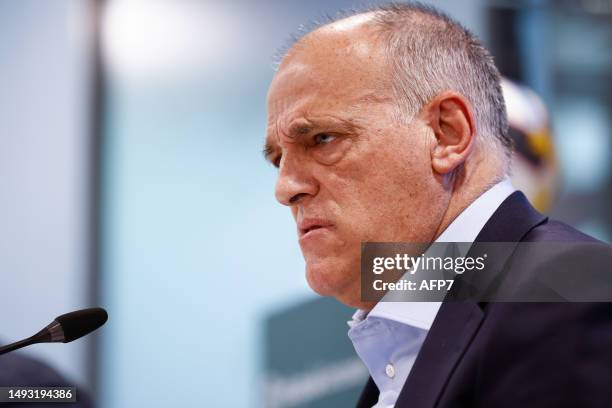 Javier Tebas, President of LaLiga, attends his press conference at headquarters of LaLiga on May 25 in Madrid, Spain.