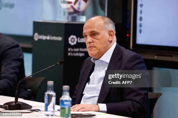 Javier Tebas, President of LaLiga, attends his press conference at headquarters of LaLiga on May 25 in Madrid, Spain.