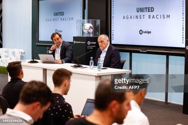 Javier Tebas, President of LaLiga, attends his press conference at headquarters of LaLiga on May 25 in Madrid, Spain.