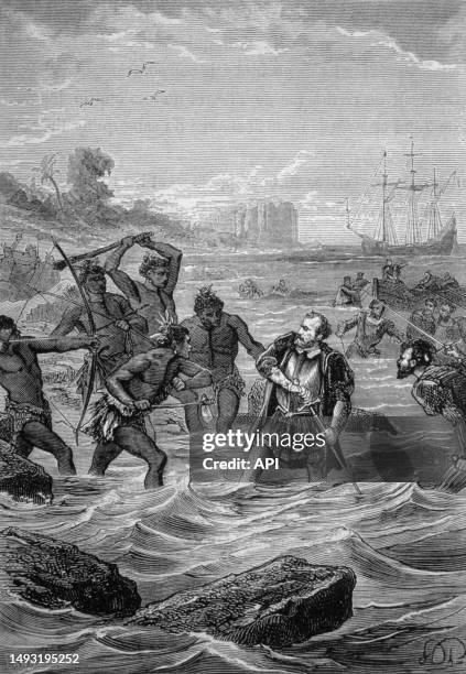Gravure du 19ème siècle représentant la mort de Ferdinand Magellan aux Philippines.