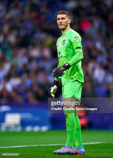 Ivo Grbic of Atletico de Madrid looks on during the LaLiga Santander match between RCD Espanyol and Atletico de Madrid at RCDE Stadium on May 24,...