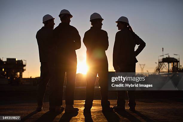 silhouette of workers at oil refinery - standing female rear view stock-fotos und bilder