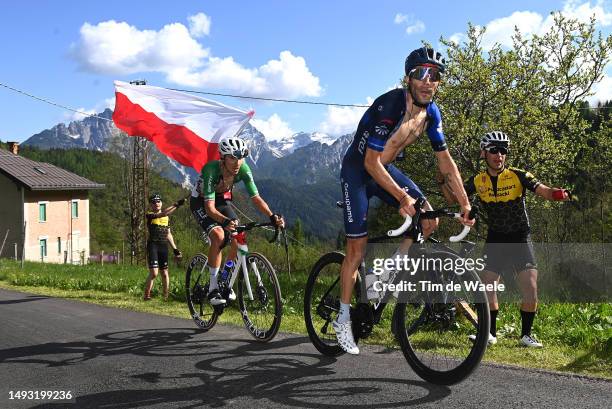 Filippo Zana of Italy and Team Jayco AlUla and Thibaut Pinot of France and Team Groupama - FDJ compete in the breakaway during the 106th Giro...