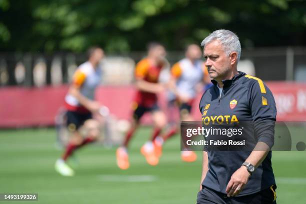Roma coach Josè Mourinho during a training session at Centro Sportivo Fulvio Bernardini on May 25, 2023 in Rome, Italy.