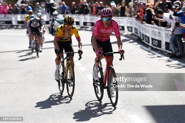 Primoz Roglič of Slovenia and Team Jumbo-Visma and Geraint Thomas of The United Kingdom and Team INEOS Grenadiers - Pink Leader Jersey compete in the...