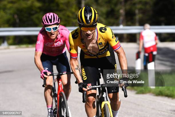Geraint Thomas of The United Kingdom and Team INEOS Grenadiers - Pink Leader Jersey and Primoz Roglič of Slovenia and Team Jumbo-Visma compete in the...