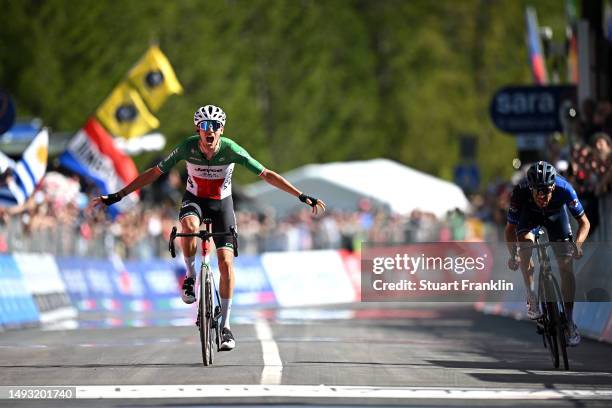 Filippo Zana of Italy and Team Jayco AlUla celebrates at finish line as stage winner ahead of Thibaut Pinot of France and Team Groupama - FDJ during...