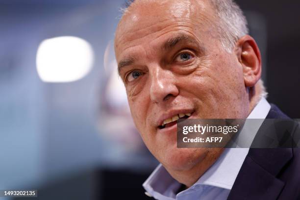 Javier Tebas, President of La Liga, attends his press conference at headquarters of La Liga on May 25 in Madrid, Spain.