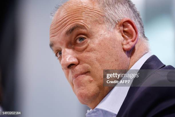 Javier Tebas, President of La Liga, attends his press conference at headquarters of La Liga on May 25 in Madrid, Spain.