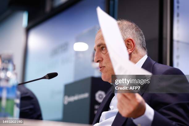 Javier Tebas, President of La Liga, attends his press conference at headquarters of La Liga on May 25 in Madrid, Spain.