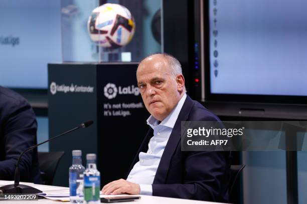 Javier Tebas, President of La Liga, attends his press conference at headquarters of La Liga on May 25 in Madrid, Spain.