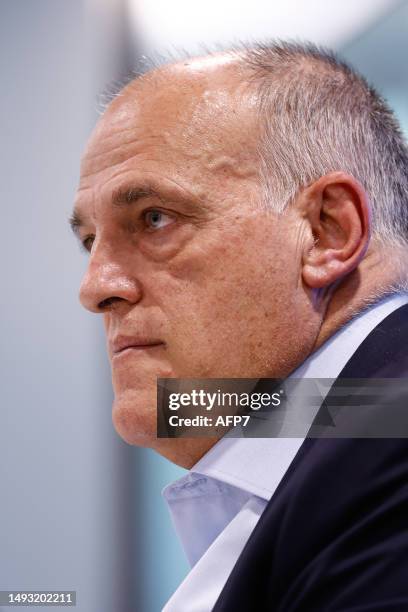 Javier Tebas, President of La Liga, attends his press conference at headquarters of La Liga on May 25 in Madrid, Spain.