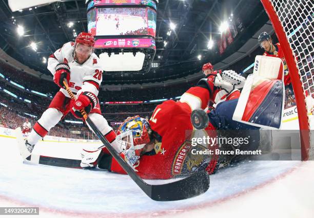 Paul Stastny of the Carolina Hurricanes scores on Sergei Bobrovsky of the Florida Panthers in Game Four of the Eastern Conference Finals of the 2023...