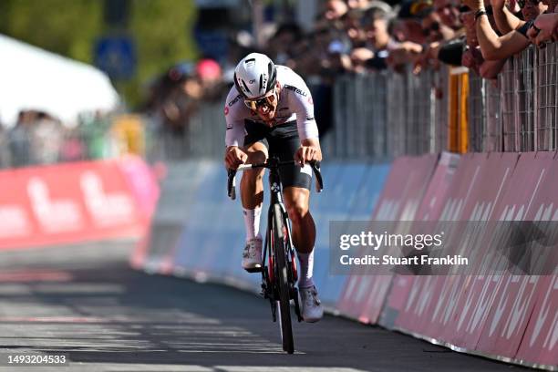 João Almeida of Portugal and UAE Team Emirates - White Best Young Rider Jersey crosses the finish line during the 106th Giro d'Italia 2023, Stage 18...