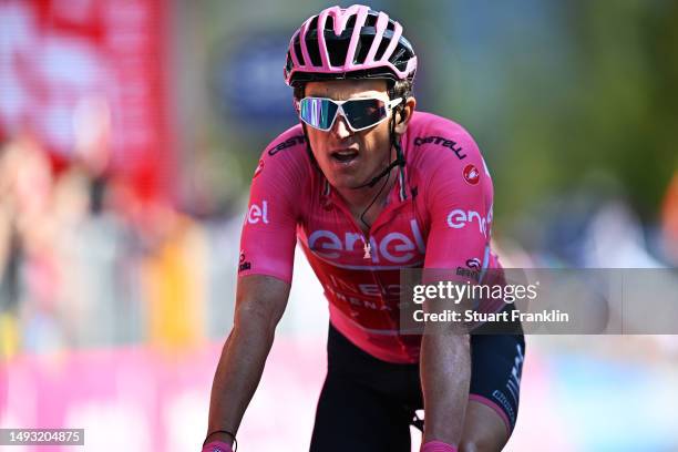 Geraint Thomas of The United Kingdom and Team INEOS Grenadiers - Pink Leader Jersey crosses the finish line during the 106th Giro d'Italia 2023,...