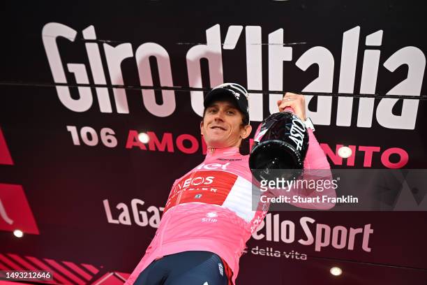 Geraint Thomas of The United Kingdom and Team INEOS Grenadiers - Pink Leader Jersey celebrates at podium during the 106th Giro d'Italia 2023, Stage...