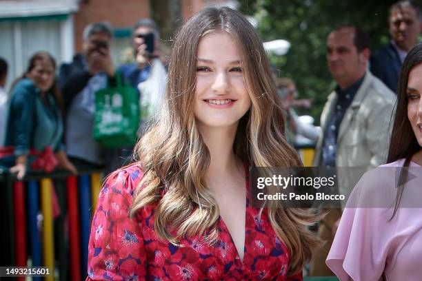 Crown Princess Leonor of Spain arrives for the confirmation of Princess Sofia of Spain at the Asuncion de Nuestra Señora Church in the municipality...